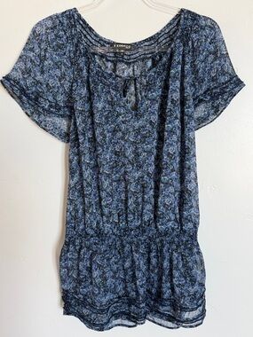 Blue Floral Short Sleeve Tunic Sheer Lightweight Casual Top